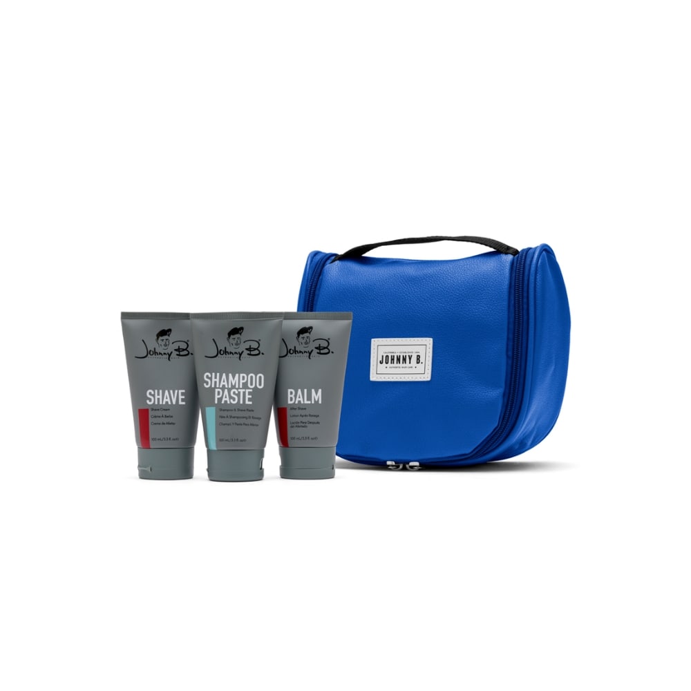 JOHNNY B ENSEMBLE 3 PRODUITS SHAVE TRAVEL SAC  BLEU