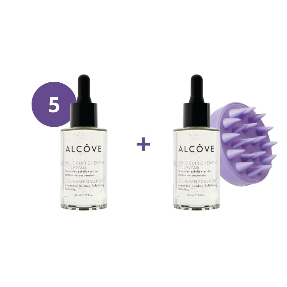 ALCOVE À L’ACHAT DE 5 HUILES CUIR CHEVELU PRELAVAGE FORMAT 35ML, REÇOIS 1 GRATUITE + 1 BROSSE